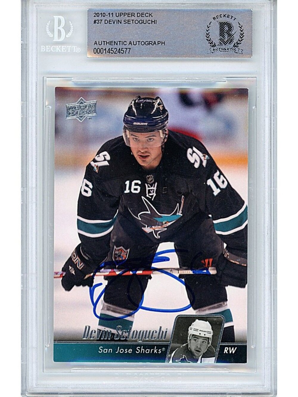 Devin Setoguchi Signed 2010-11 Upper Deck Hockey Card Sharks Beckett Autograph
